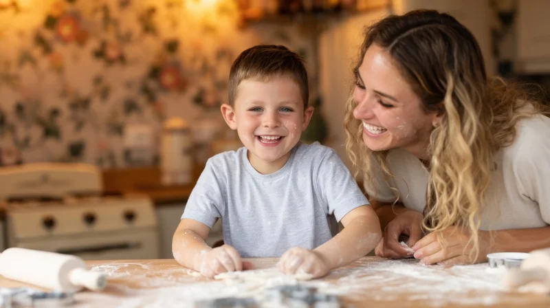Mother and young son smiling while baking together at kitchen counter