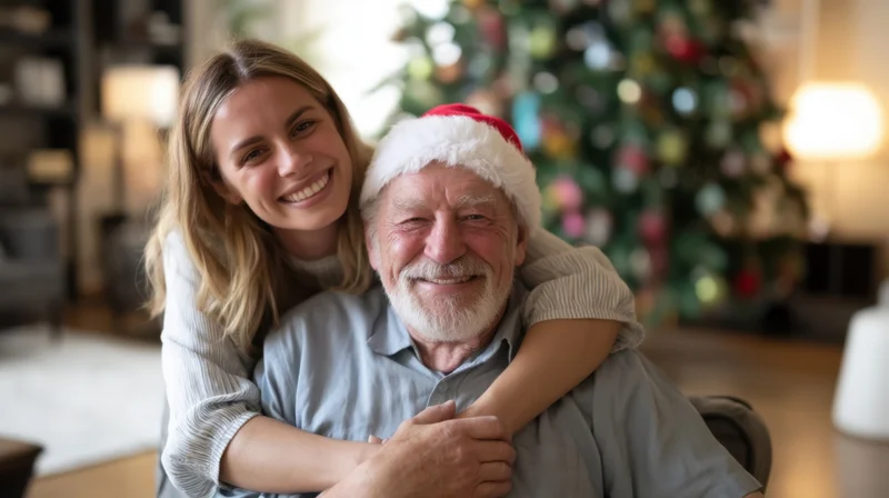 Young woman hugging elderly man in front of christmas tree in living room