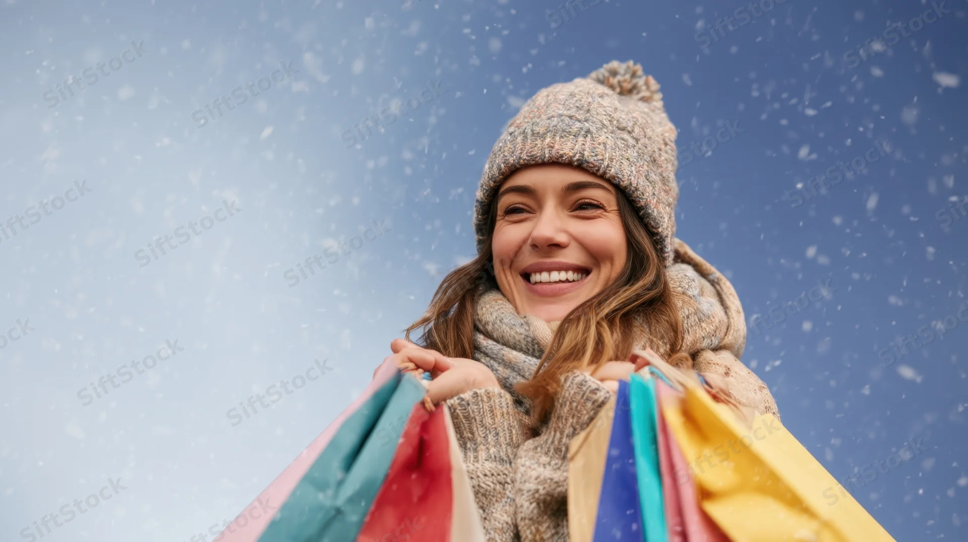 Smiling woman holding colorful shopping bags outdoors in snowfall