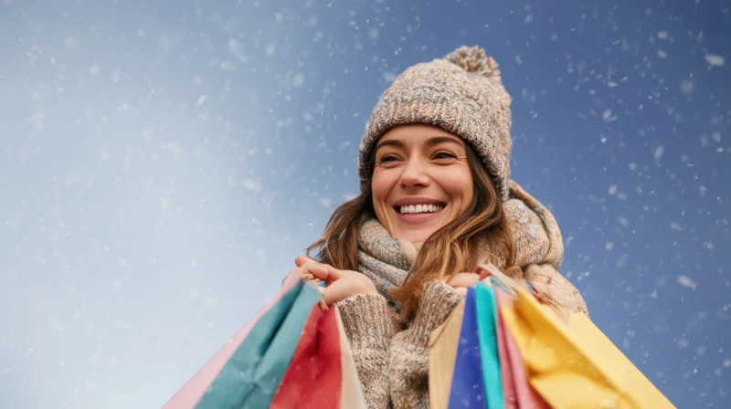 Smiling woman holding colorful shopping bags outdoors in snowfall