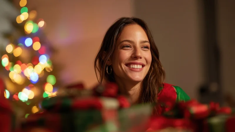 Woman smiling joyfully in festive red and green outfit with christmas tree and gifts in background