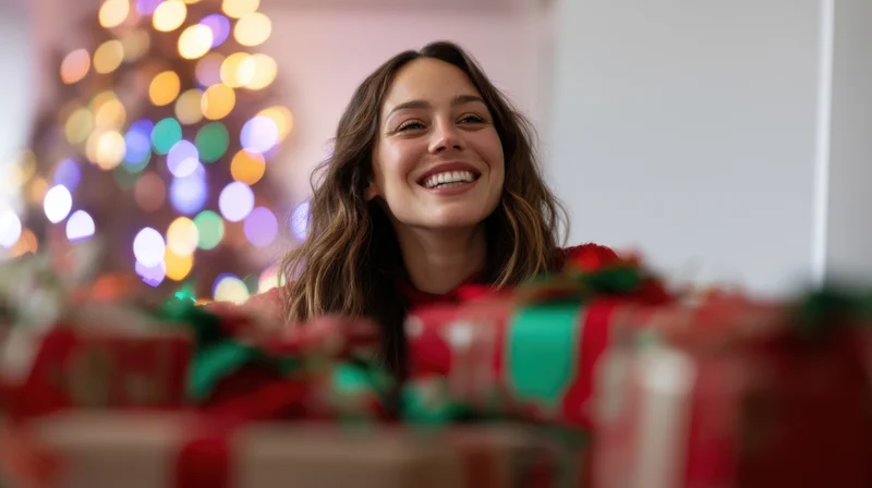 Woman smiling behind wrapped gifts with blurred christmas tree lights in background
