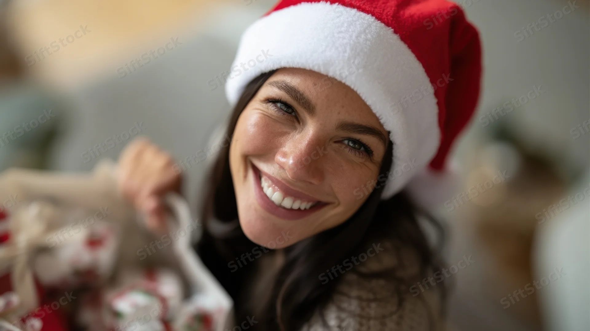 Woman wearing santa hat smiling while holding gift bag indoors