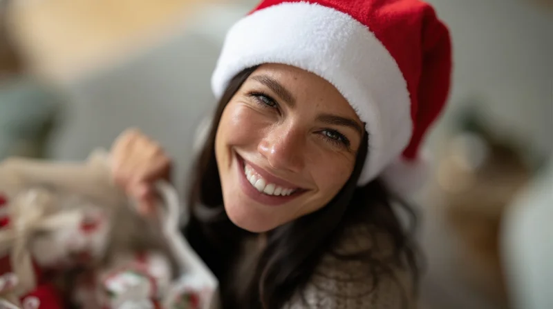 Woman wearing santa hat smiling while holding gift bag indoors