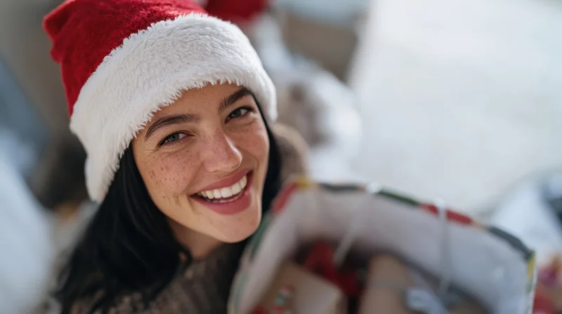 Woman wearing santa hat smiling while holding a wrapped gift indoors