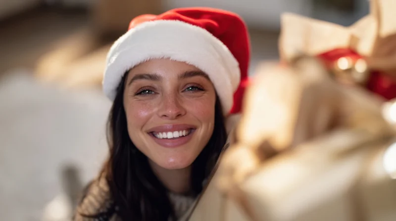 Woman smiling while holding a wrapped gift, wearing a santa hat indoors