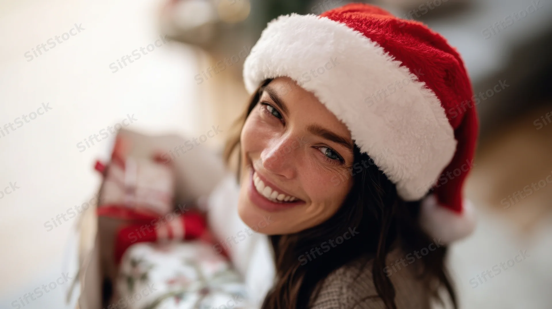 Woman wearing santa hat smiling while holding wrapped gift indoors