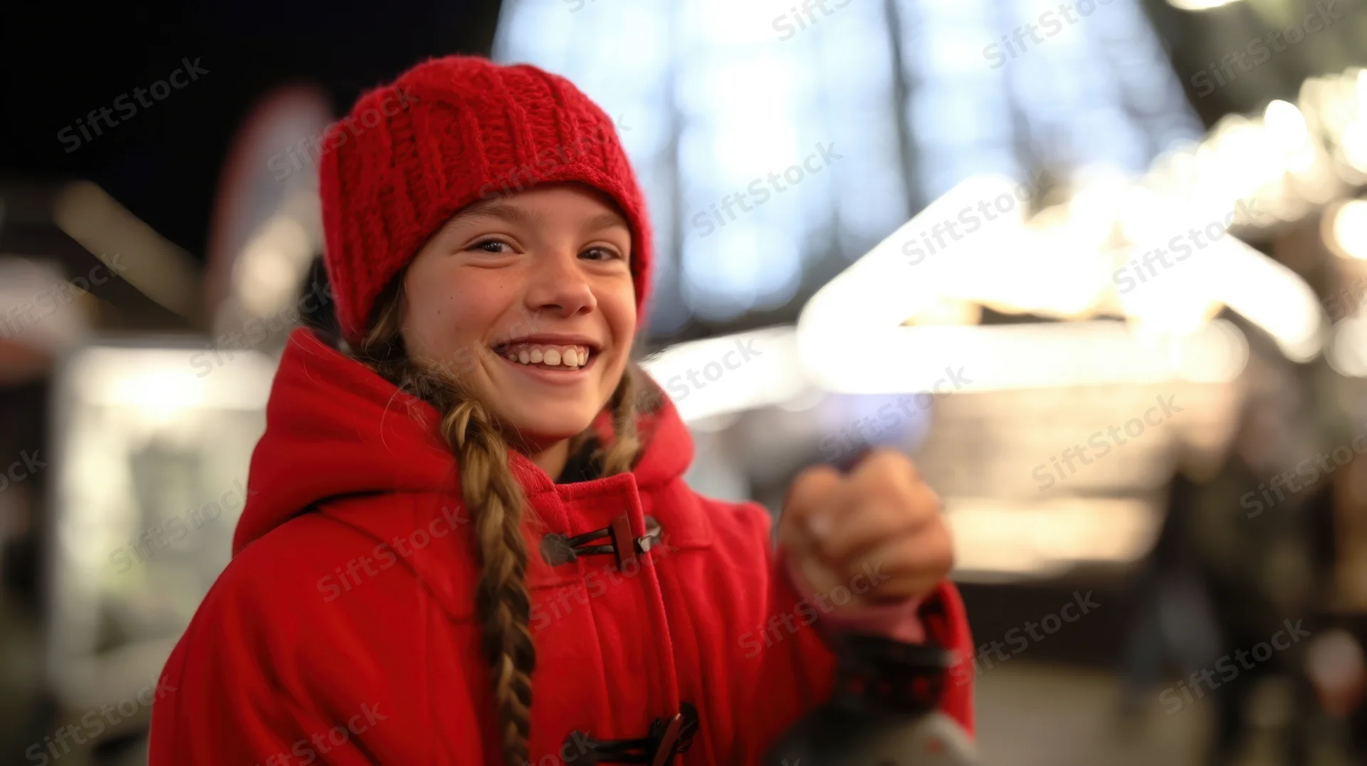 Young girl smiling while holding a lantern at a festive outdoor market