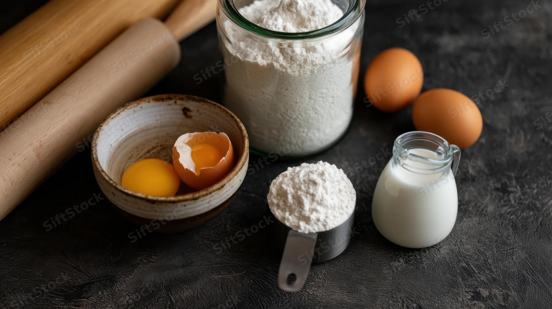 Baking ingredients arranged on a dark countertop including flour, eggs, milk, and a rolling pin