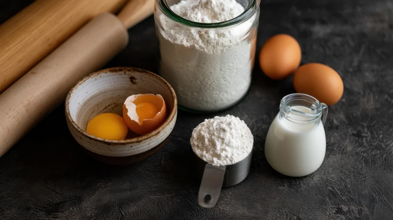 Baking ingredients arranged on a dark countertop including flour, eggs, milk, and a rolling pin