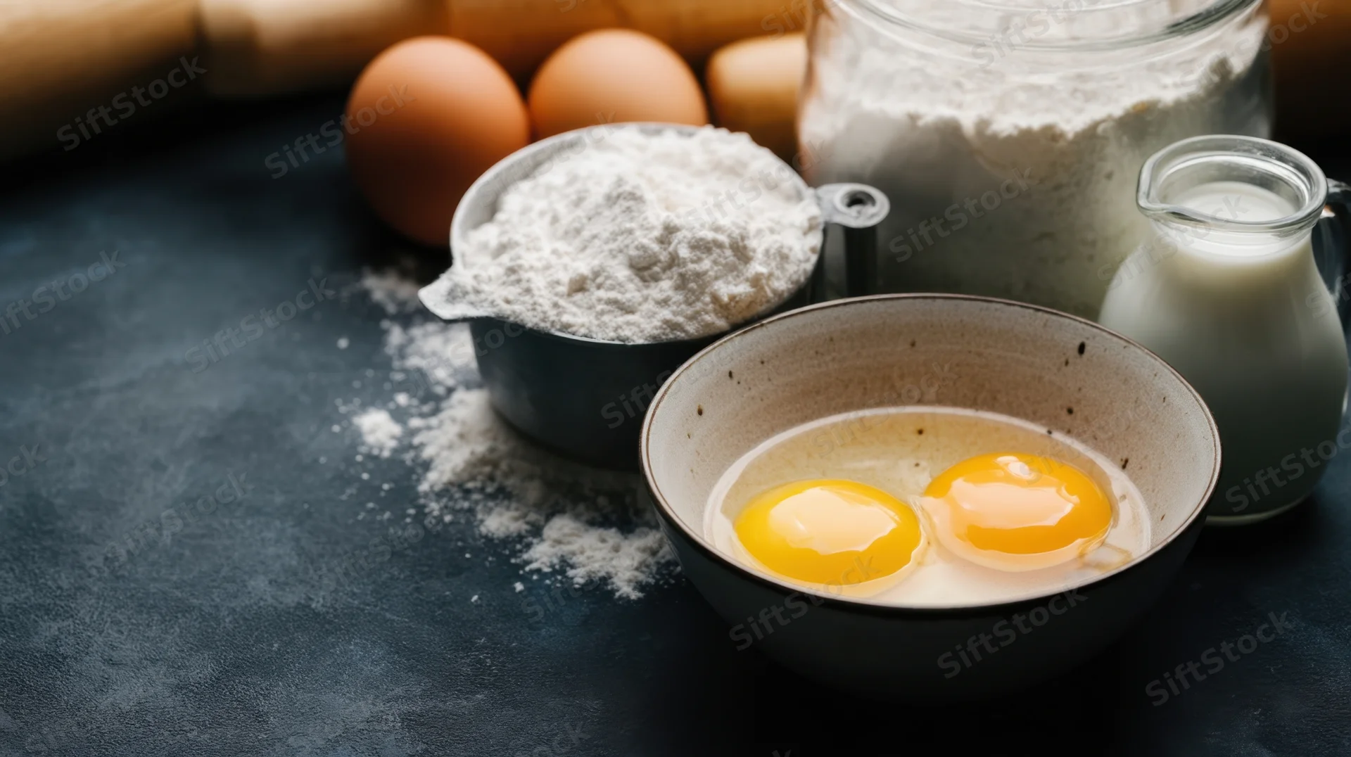 Baking ingredients arranged on a dark countertop with flour, eggs, milk and measuring cups
