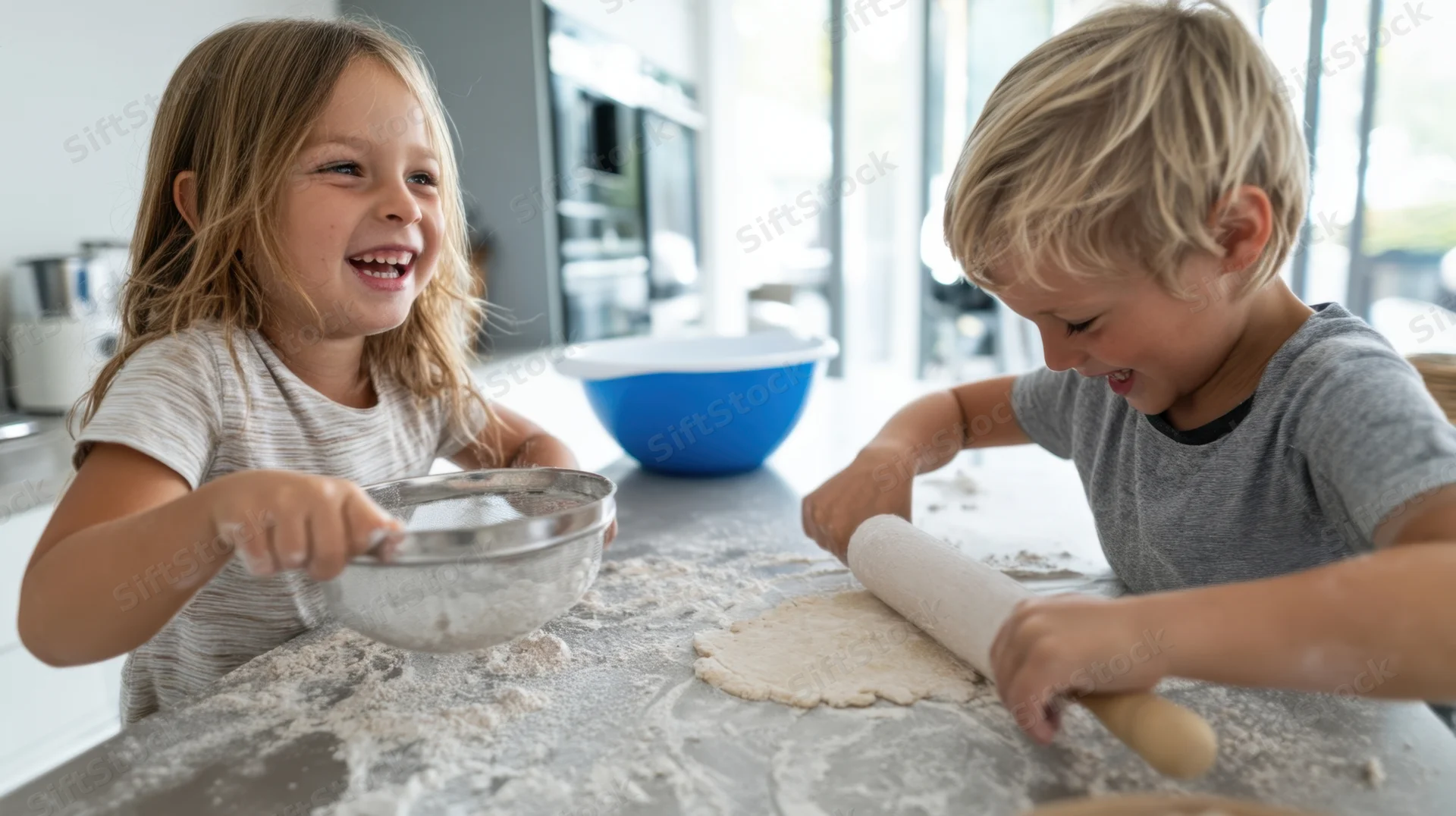 Two children laughing and rolling dough on a floured kitchen counter