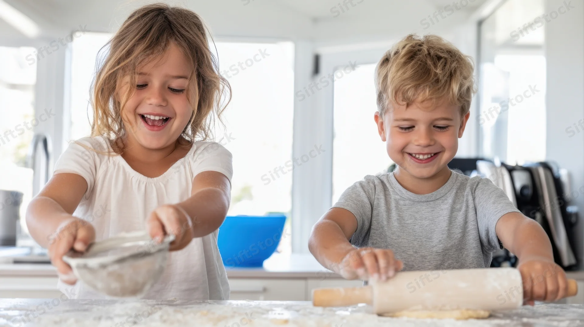 Two children smiling while baking with flour and rolling pin on kitchen counter