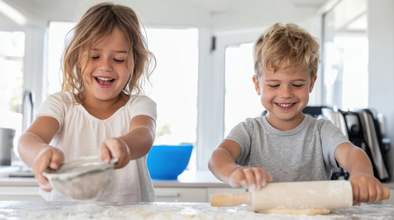 Two children smiling while baking with flour and rolling pin on kitchen counter
