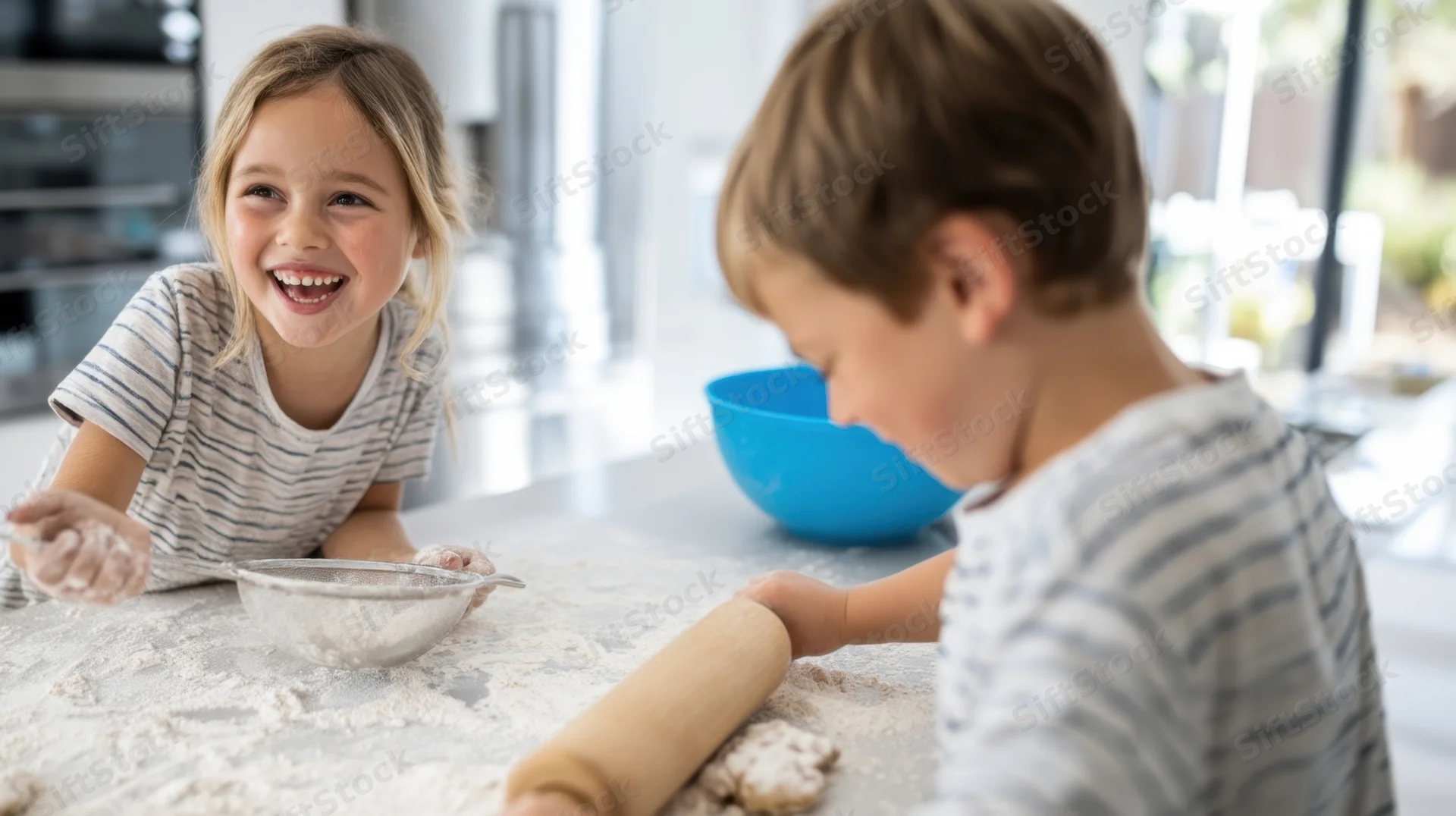 Two children baking together in a kitchen, one smiling with flour on hands, the other rolling dough on a floured countertop