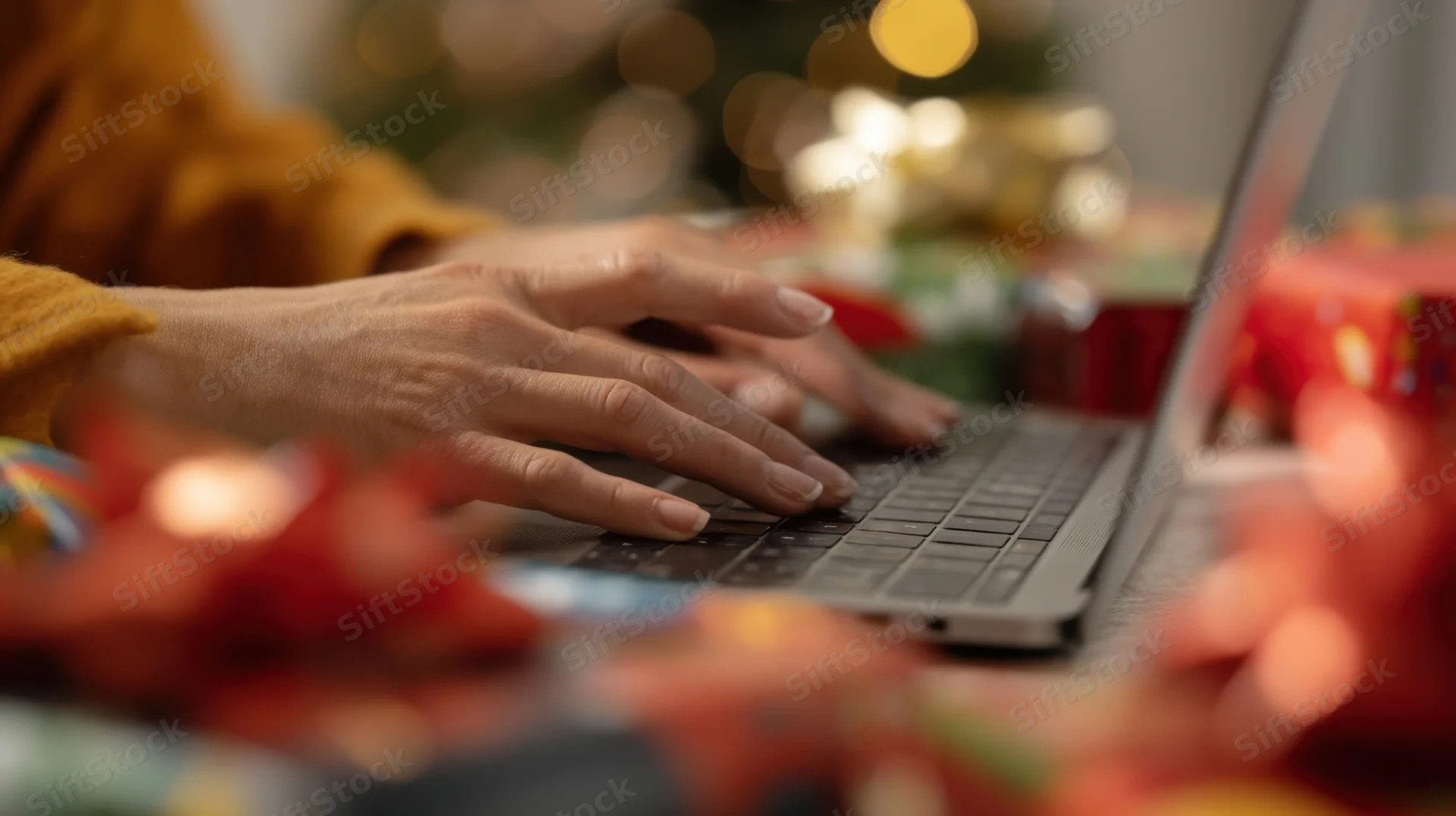 Woman typing on laptop keyboard surrounded by wrapped gifts and holiday lights on a table