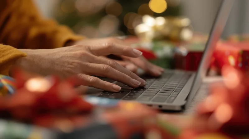 Woman typing on laptop keyboard surrounded by wrapped gifts and holiday lights on a table