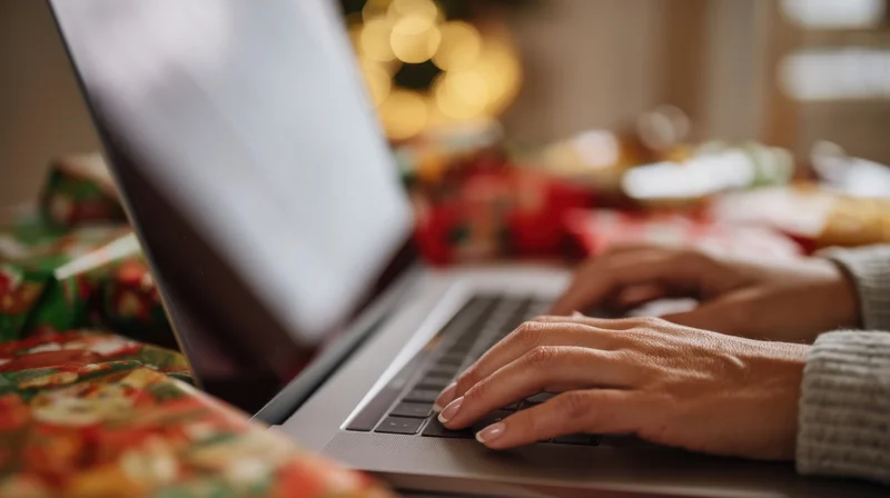 Woman typing on laptop at home with christmas gifts and lights in background