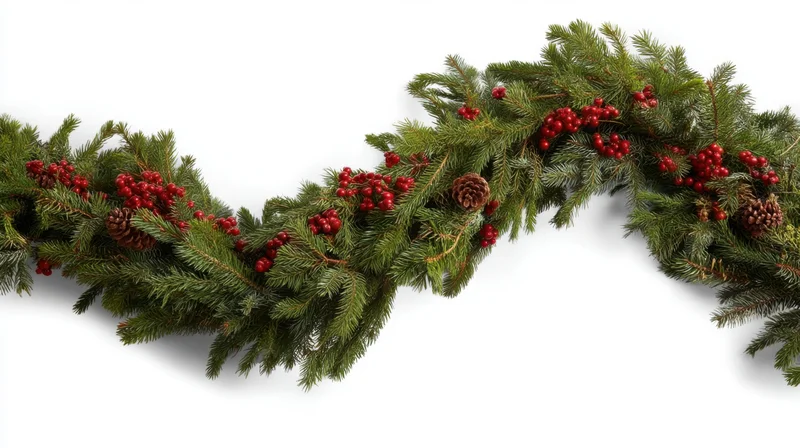 Lush green garland with red berries and pinecones on white background