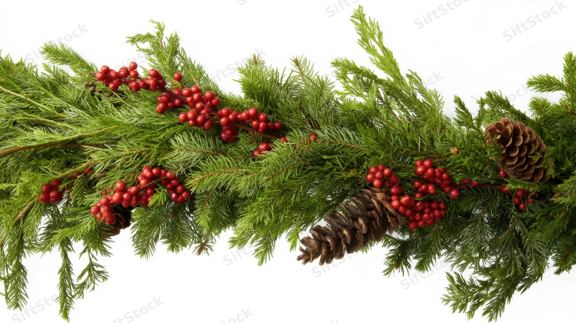 Lush green garland with red berries and pinecones on white background