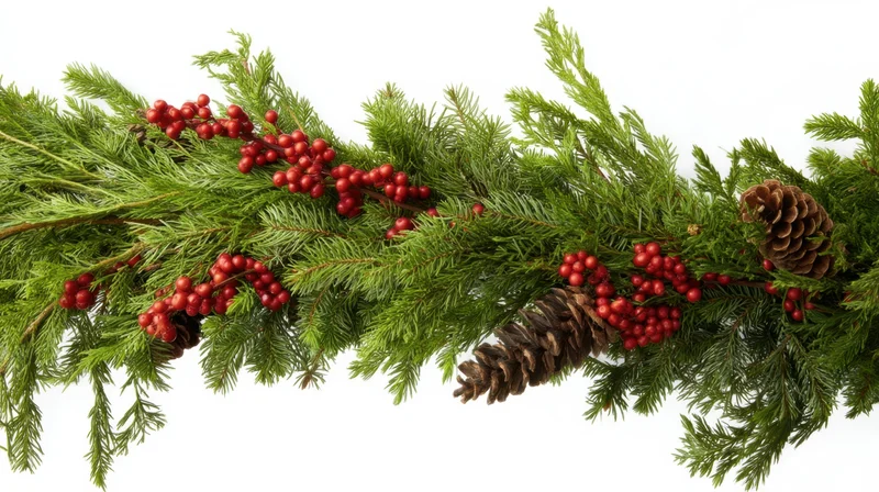 Lush green garland with red berries and pinecones on white background