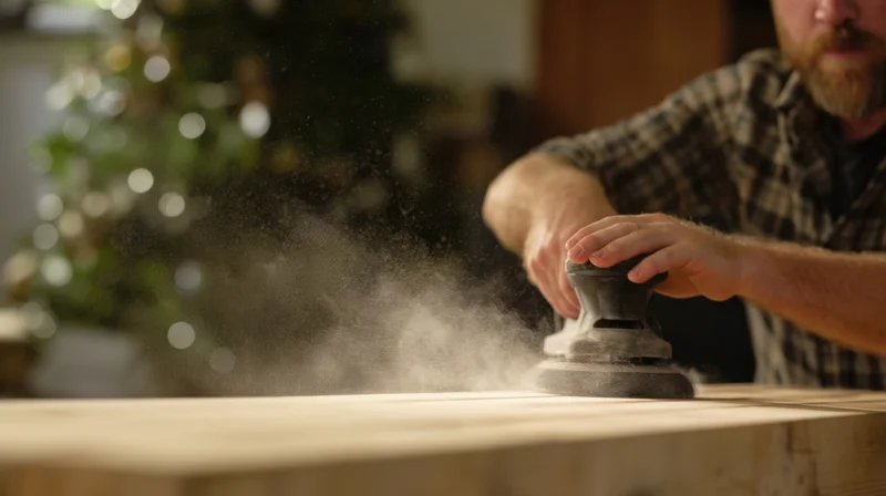 Man sanding wooden surface with power sander in workshop near decorated christmas tree