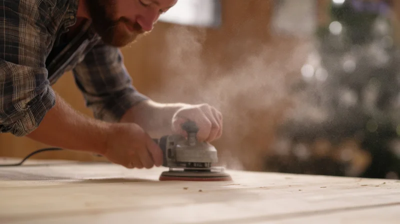 Man using power sander on wooden surface in workshop