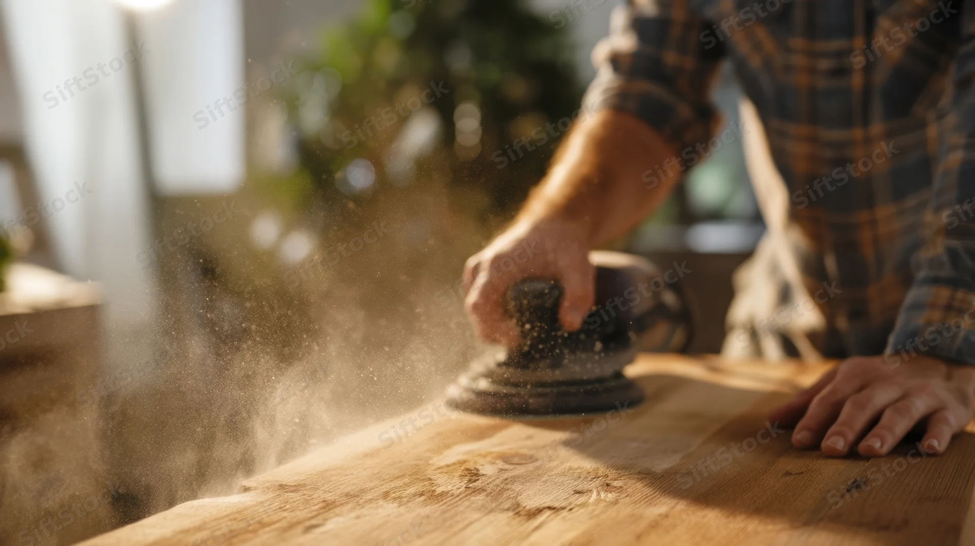 Carpenter sanding wooden surface with power sander in workshop