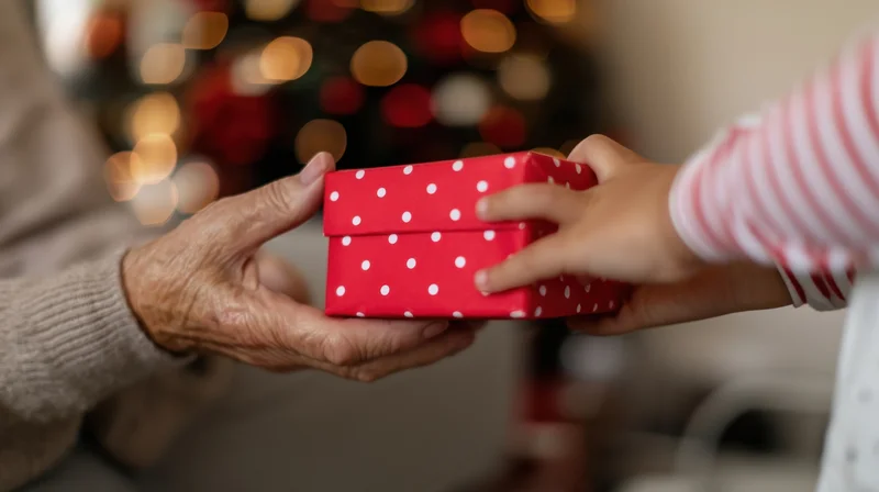 Child giving a red polka-dot gift box to an elderly person in front of a lit christmas tree