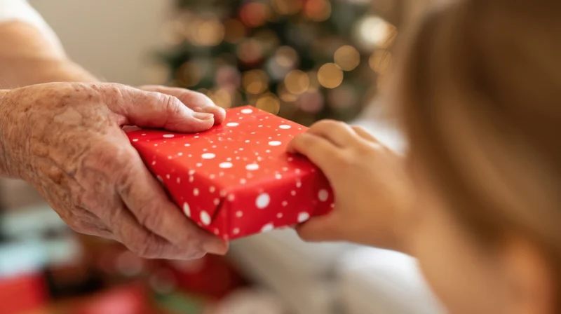 Elderly hand giving a red polka-dotted gift box to a child near a decorated christmas tree