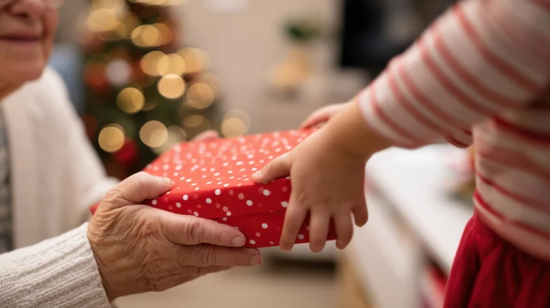 Child giving a wrapped gift to an elderly woman in a living room with a christmas tree in the background
