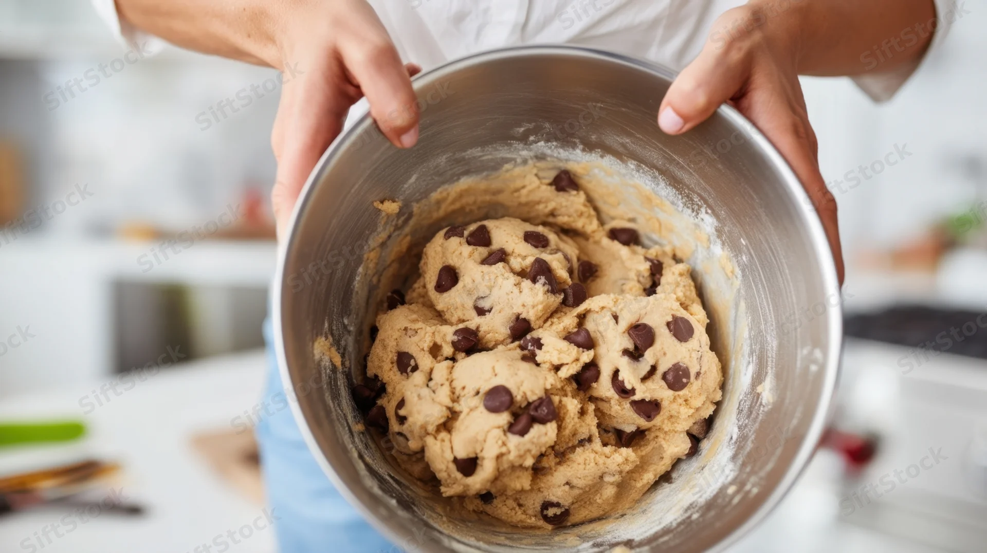 Person holding metal mixing bowl filled with chocolate chip cookie dough in kitchen