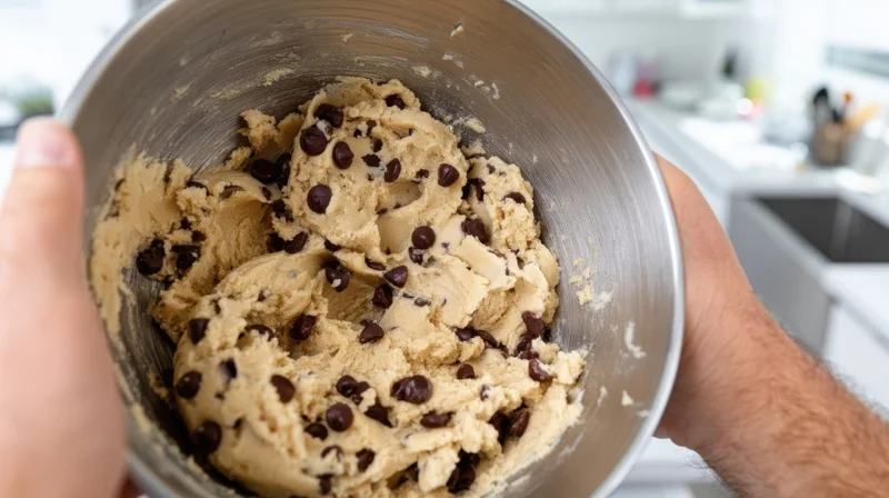 Hands holding a metal mixing bowl filled with chocolate chip cookie dough in a kitchen