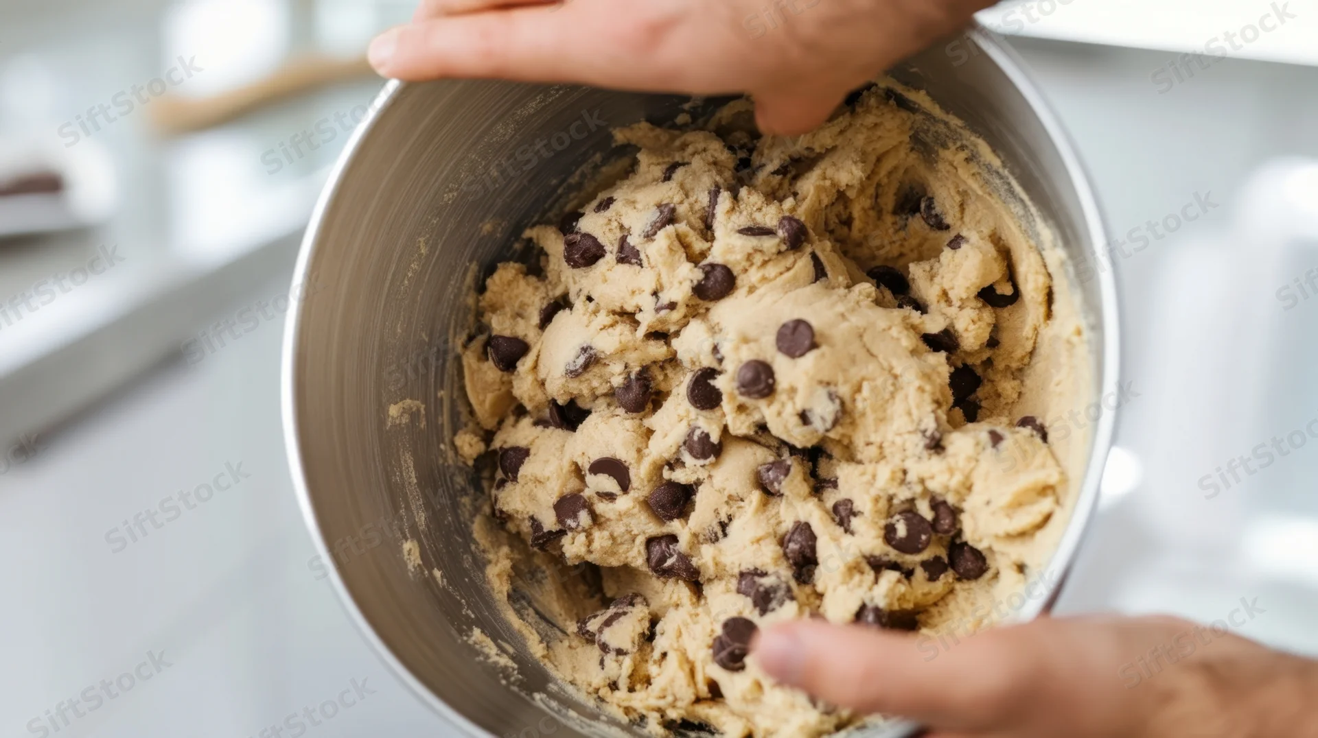 Hands mixing chocolate chip cookie dough in a metal bowl on a kitchen countertop