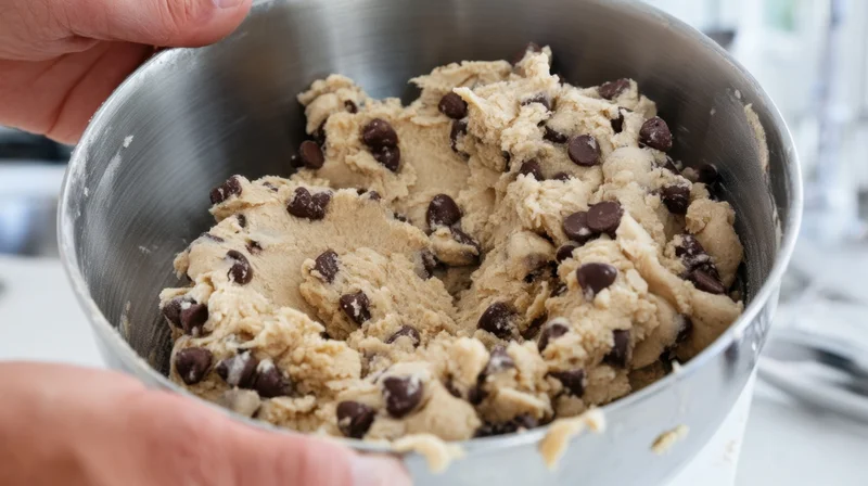 Hands holding a metal mixing bowl filled with chocolate chip cookie dough in a kitchen
