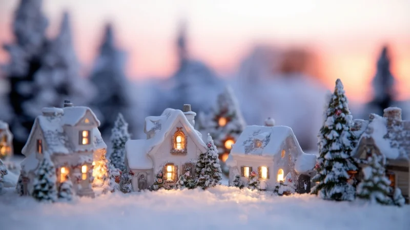 Miniature winter village with snow-covered houses and glowing windows at twilight