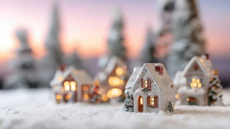 Miniature winter village with snow-covered houses and warm glowing lights at twilight
