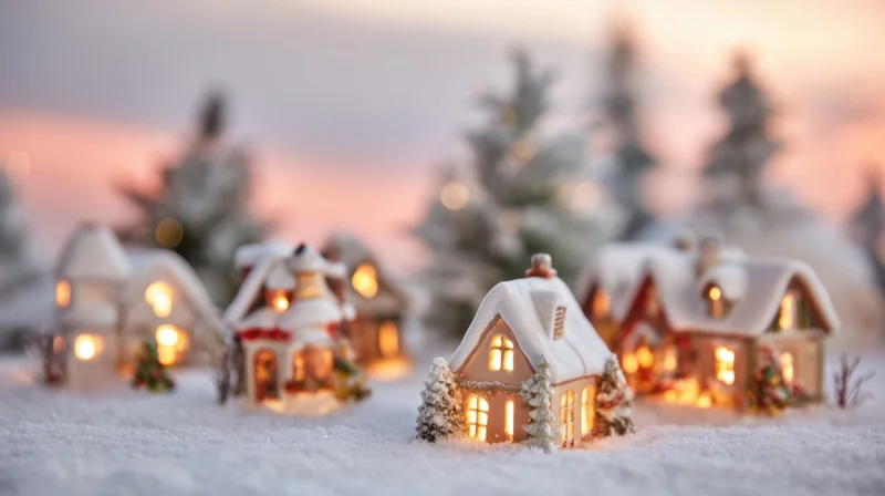 Miniature winter village with snow-covered houses and glowing lights at twilight