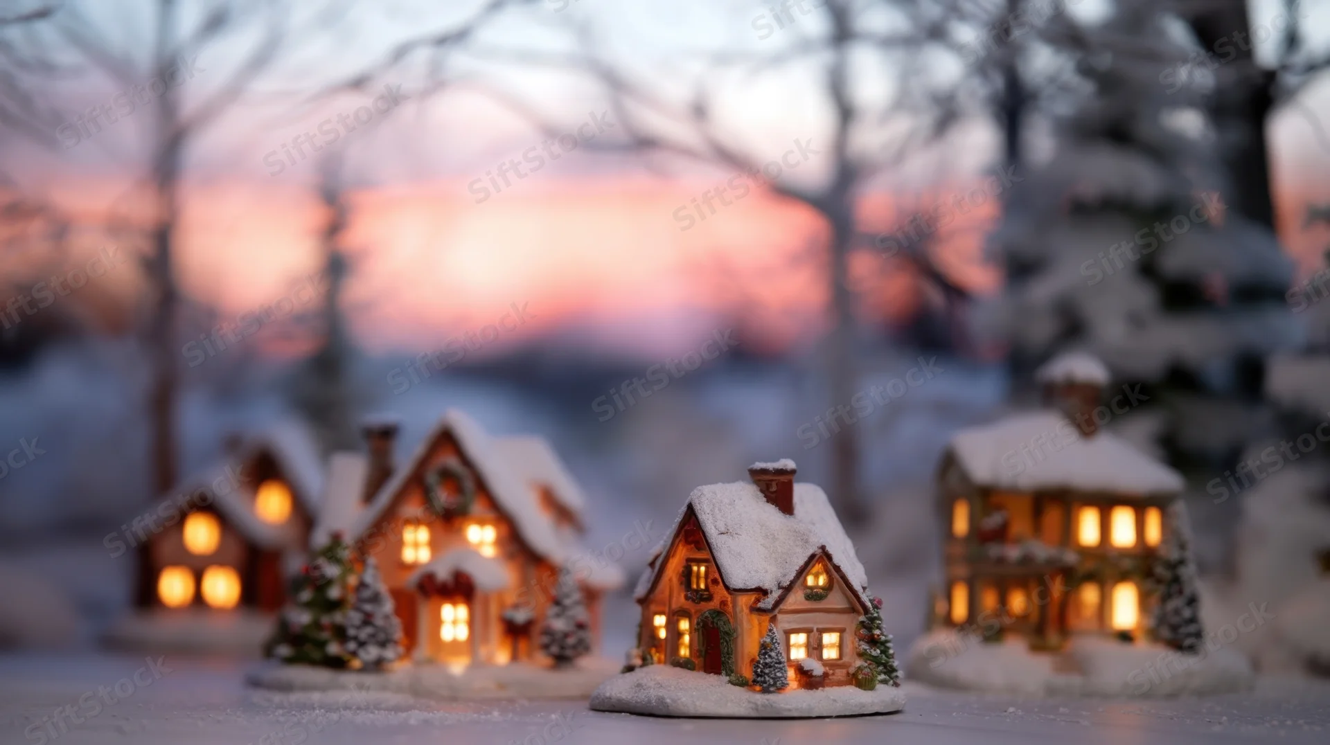 Miniature houses with glowing windows arranged in a snowy winter village at twilight
