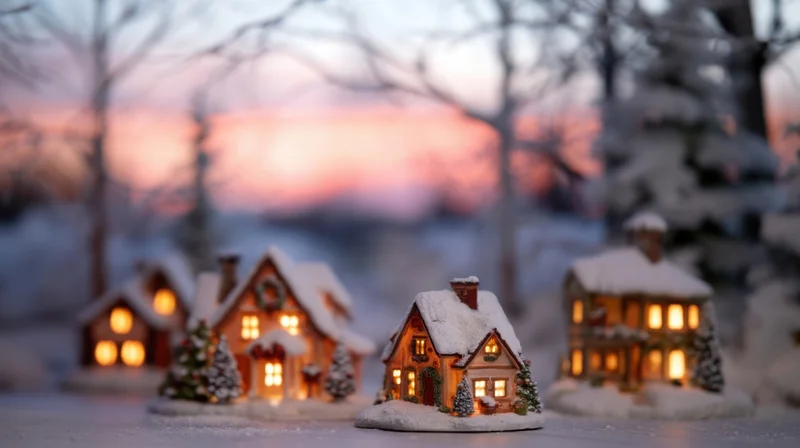 Miniature Houses of a Snowy Christmas Village Glowing at Twilight