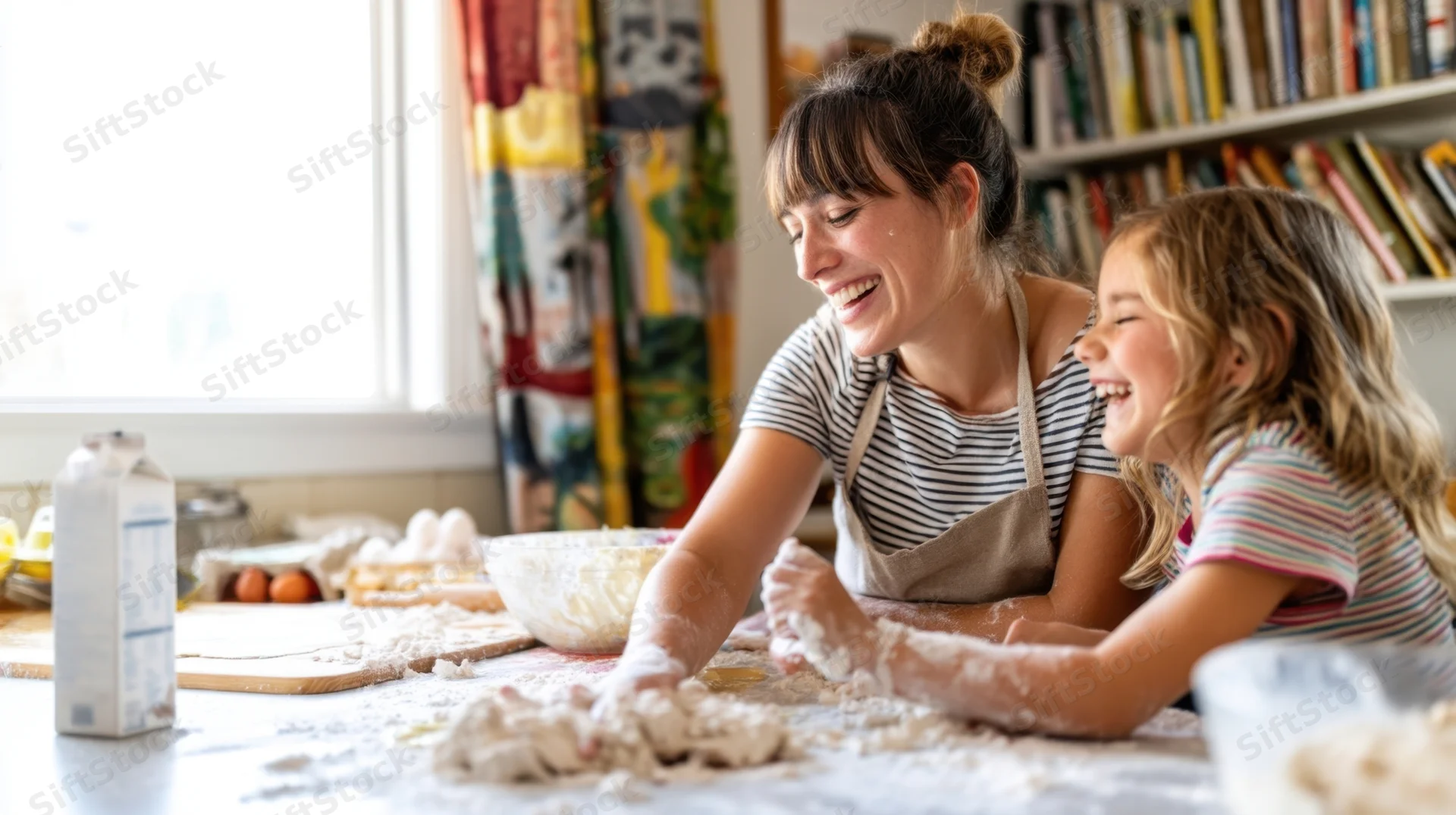 Mother and daughter laughing while baking dough together in a bright kitchen