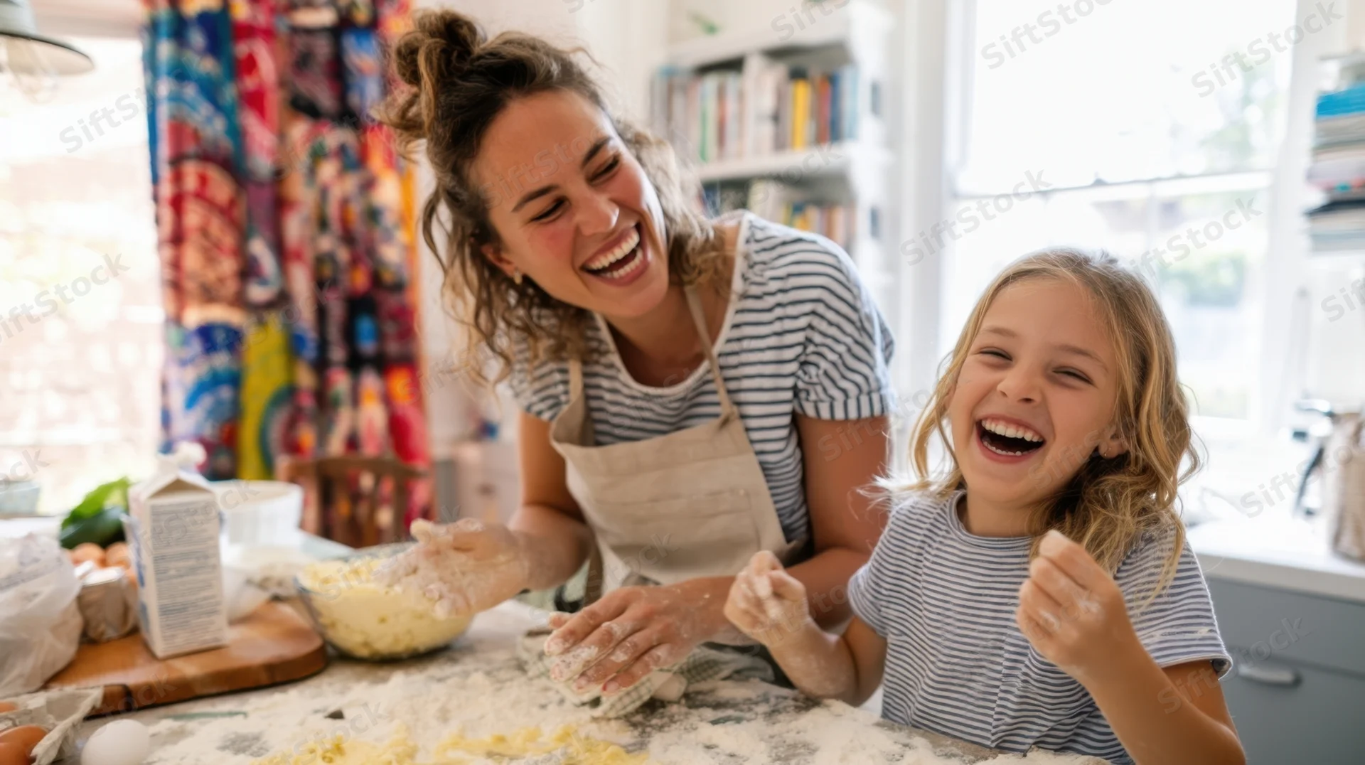 Mother and daughter laughing while baking together in a bright kitchen