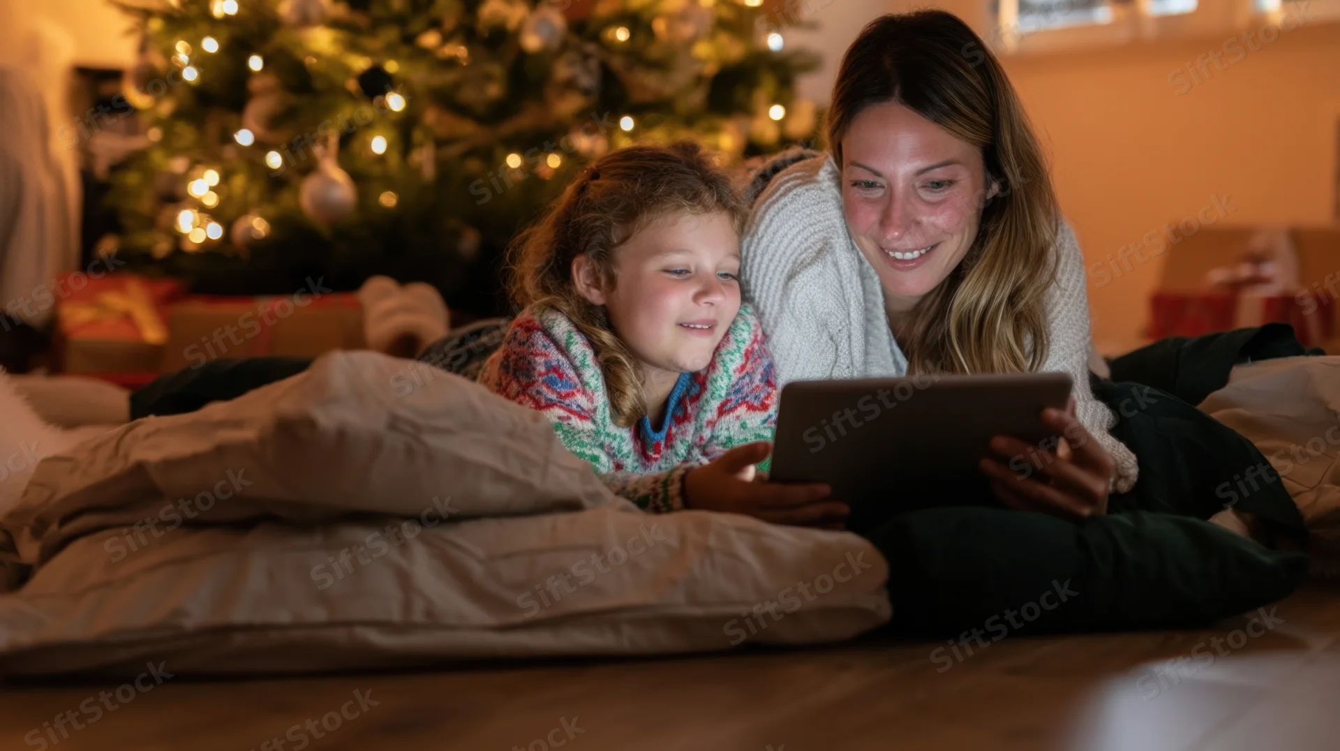 Mother and daughter lying on bed using tablet together near christmas tree