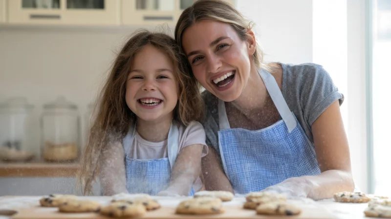 Mother and daughter smiling while baking cookies in a bright kitchen
