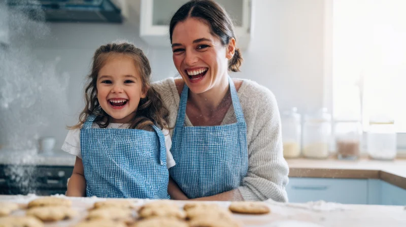 Mother and daughter smiling while baking cookies in a bright kitchen