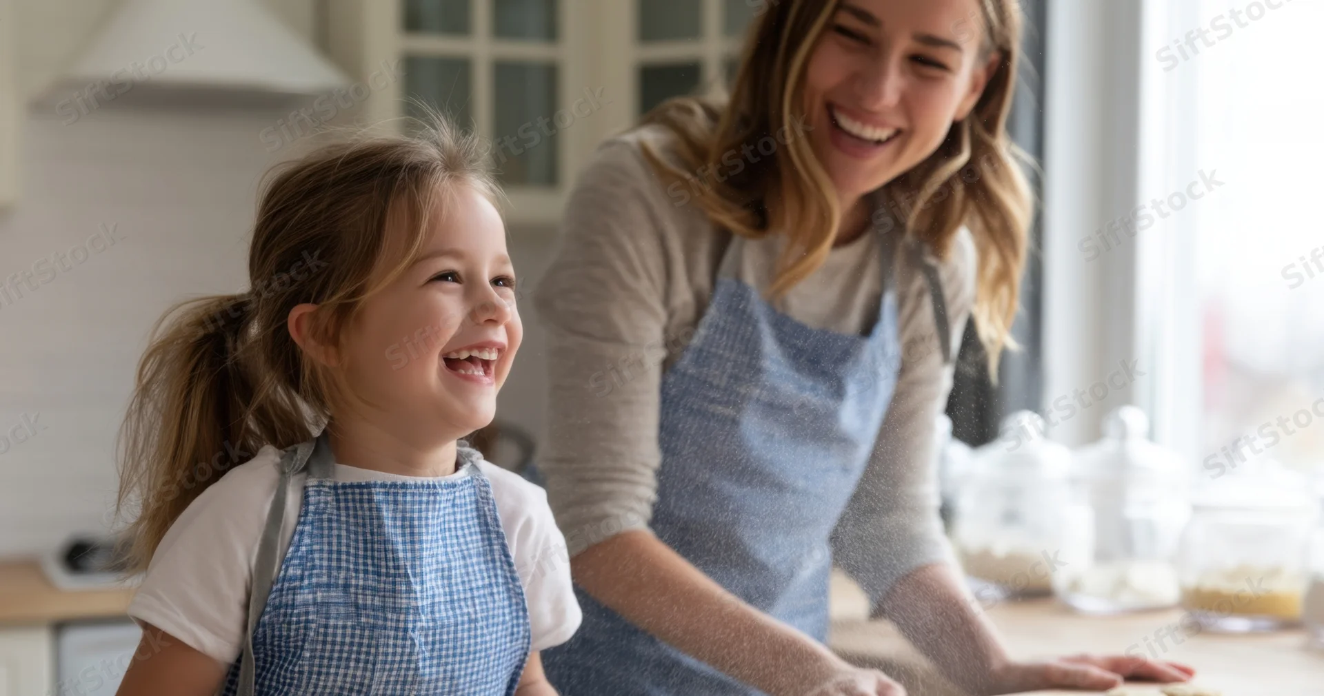 Mother and daughter smiling while baking together in a bright kitchen