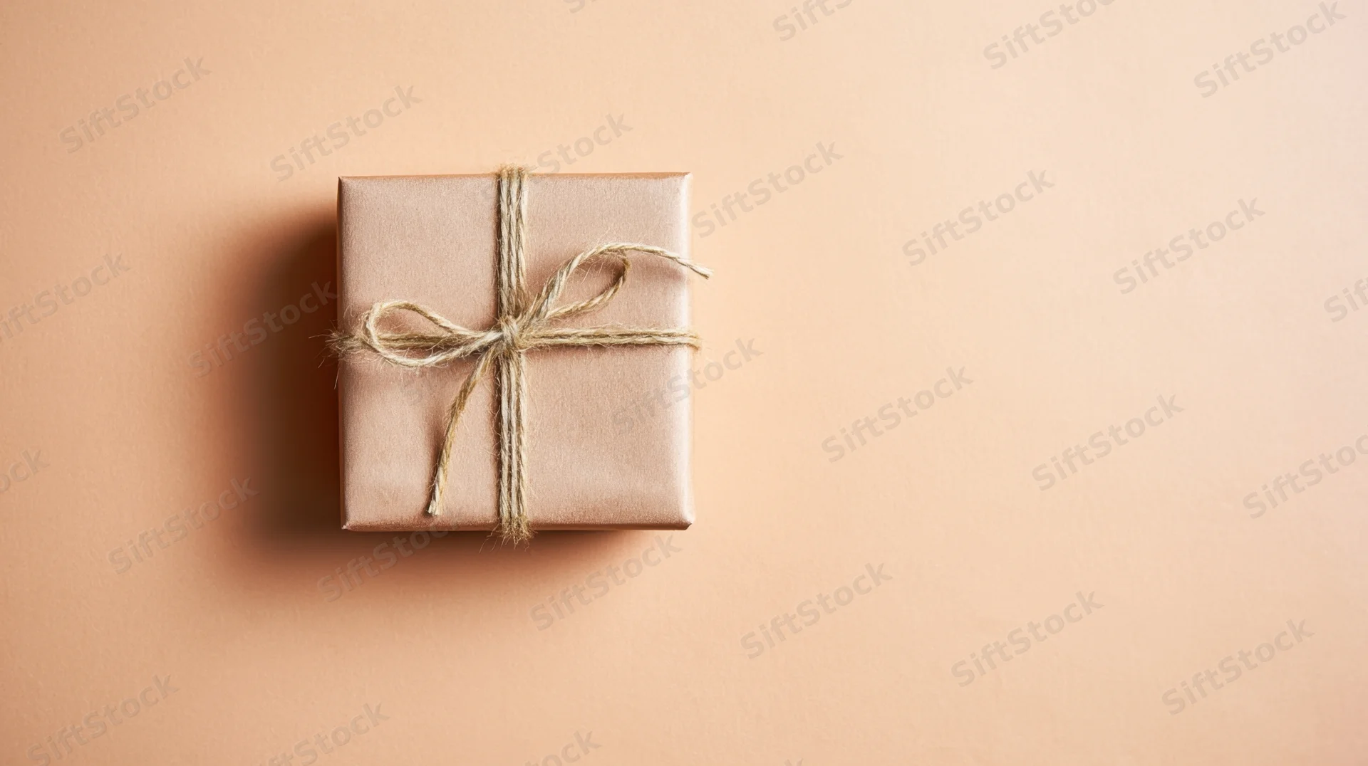 A gift box wrapped in kraft paper with twine bow on a beige surface