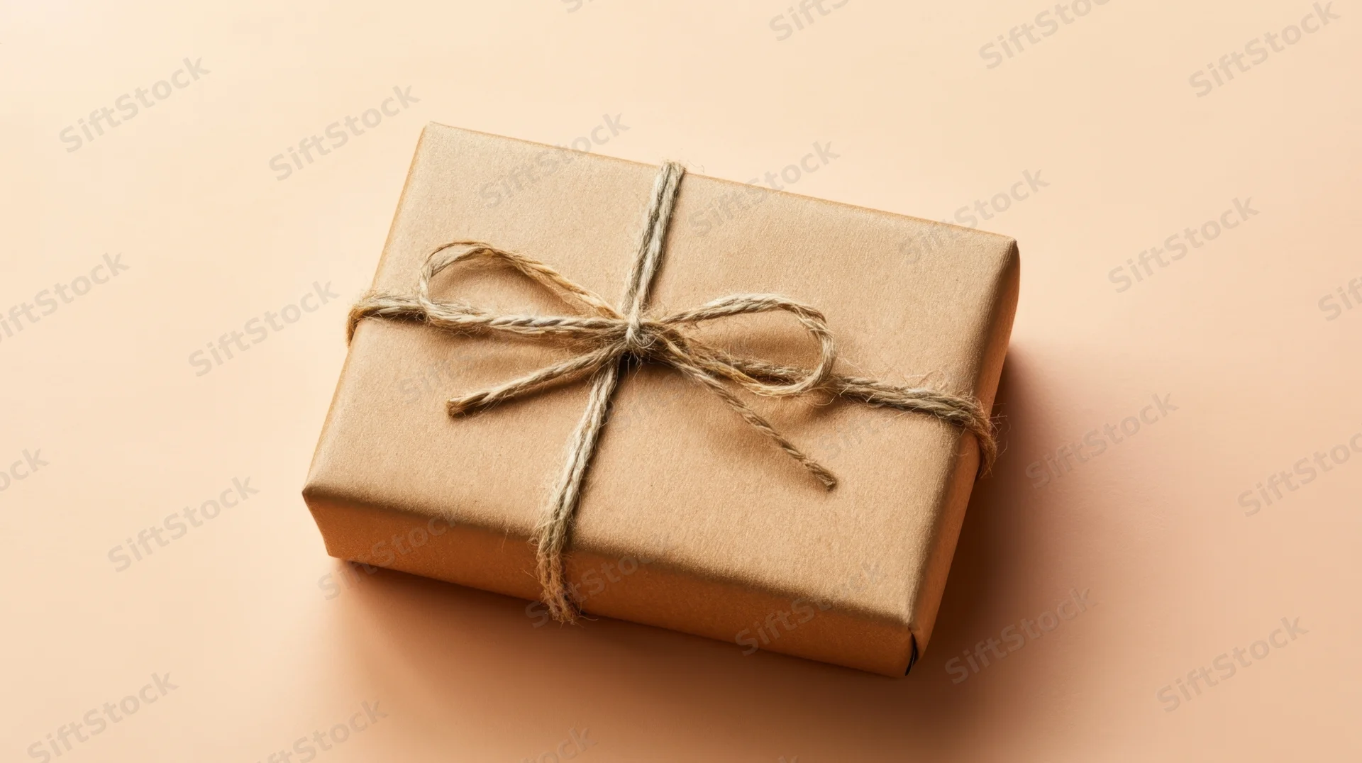 Gift box wrapped in kraft paper with twine bow on beige background