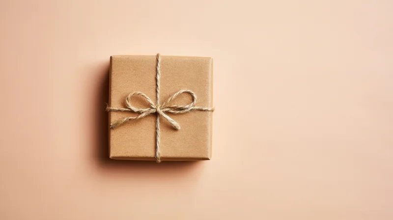 Gift box wrapped in kraft paper with twine bow on beige surface