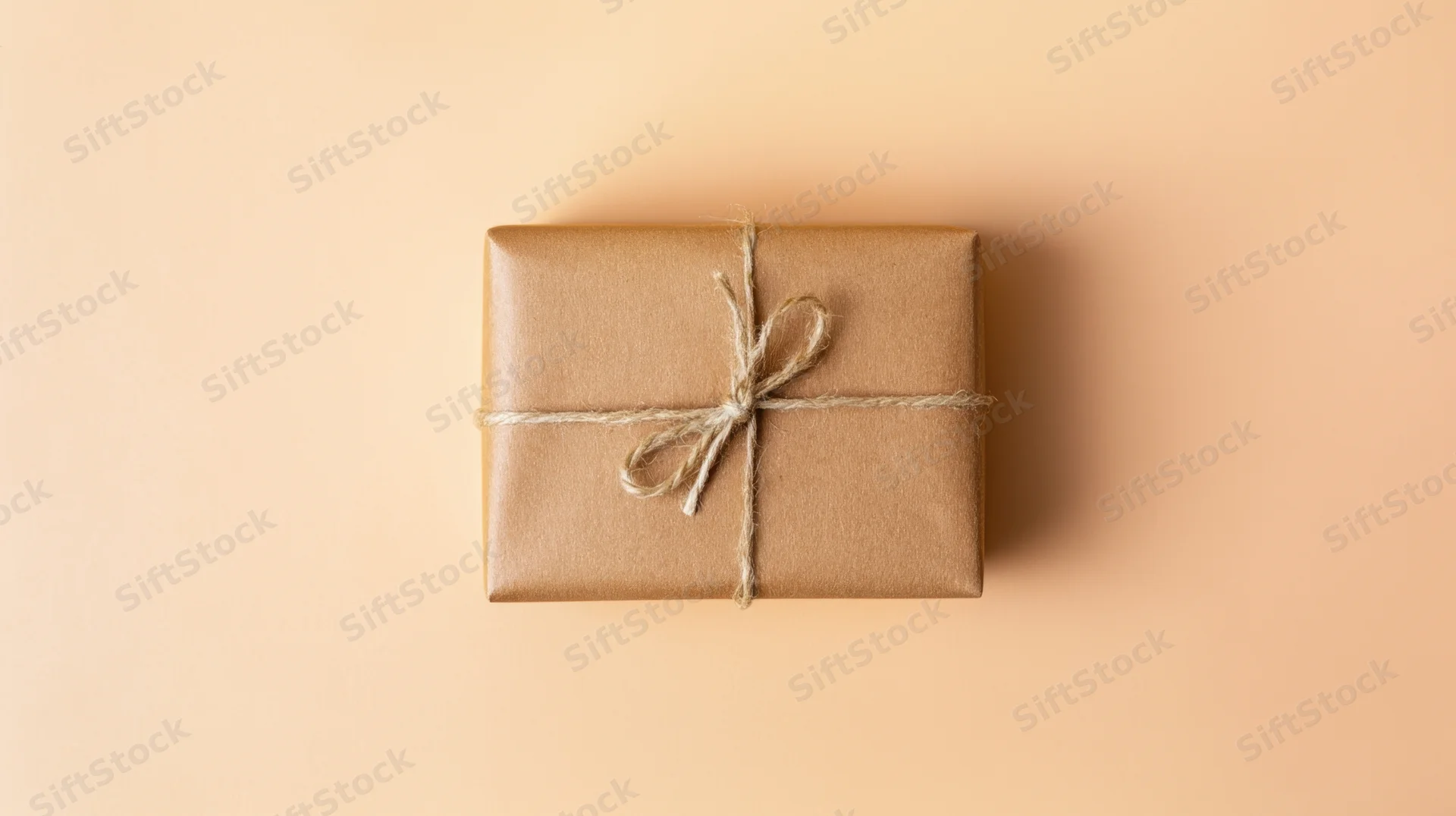 Gift box wrapped in kraft paper with twine bow on beige background
